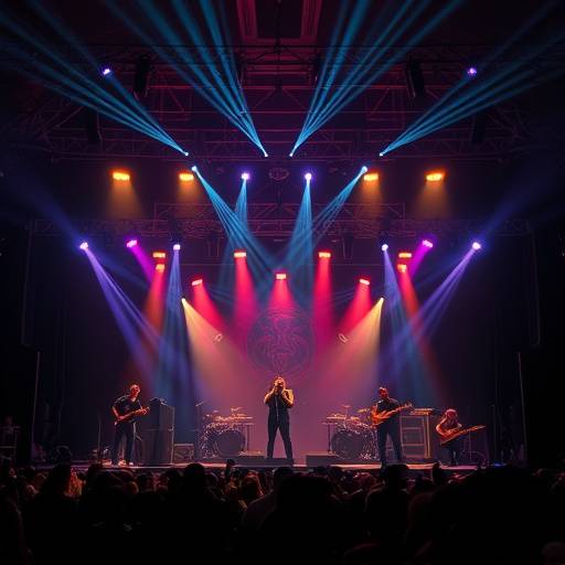 Artisti che si esibiscono sul palco di un concerto con luci dinamiche