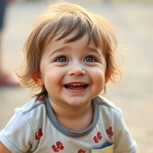 Bambino con espressione curiosa e gioiosa, fotografato in uno scenario giocoso