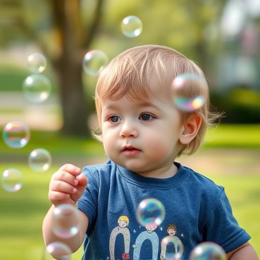 Bambino piccolo che gioca felice con le bolle di sapone in un parco, riflessi iridescenti catturati con una profondit&agrave; di campo ridotta.