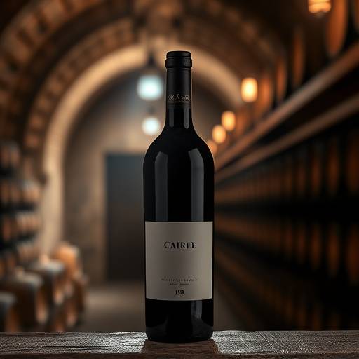 Bottiglia di vino pregiato posizionata in una cantina storica, con un gioco di luci e ombre che ne accentua l'aura di esclusivit&agrave;.