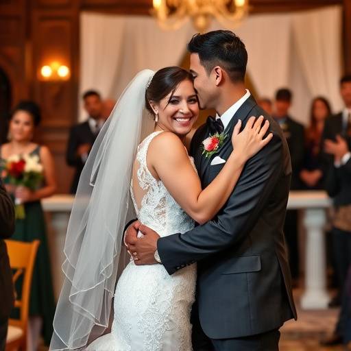 Coppia di sposi che si abbracciano felici durante la cerimonia del loro matrimonio.