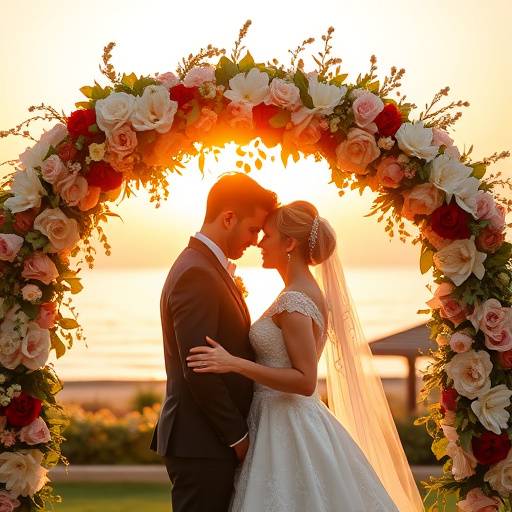 Coppia di sposi che si scambiano promesse sotto un arco fiorito, la luce dorata del tramonto avvolge la scena in un'atmosfera romantica.