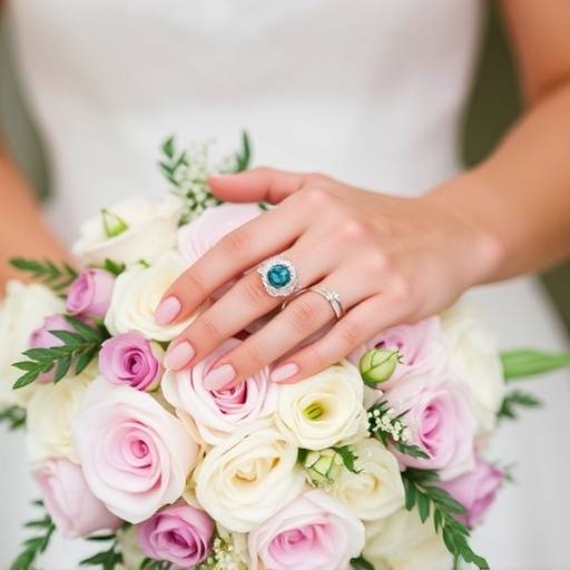 Dettaglio di un bouquet da sposa con un anello posato delicatamente su di esso