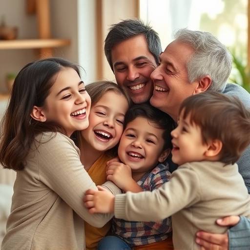 Famiglia riunita in un abbraccio gioioso, bambini che ridono e genitori che li guardano con amore in un ambiente caldo e accogliente.