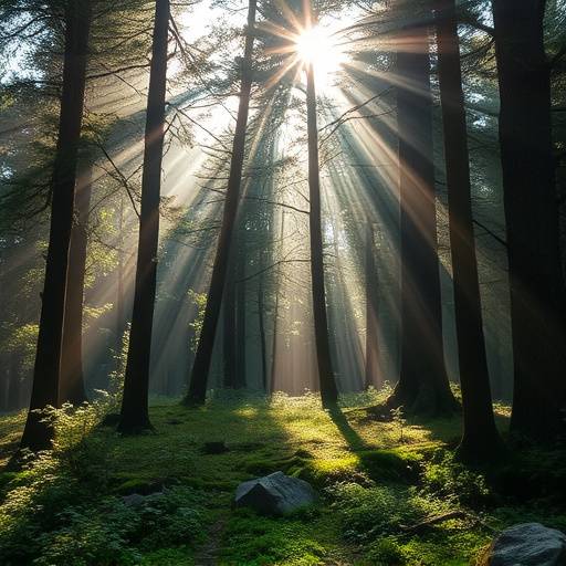 Foresta incantata con raggi di sole che filtrano tra gli alberi secolari, creando un'atmosfera magica e pacifica.