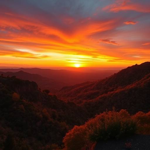 Fotografia aerea di un paesaggio naturale mozzafiato al tramonto, con colori caldi e vibranti.