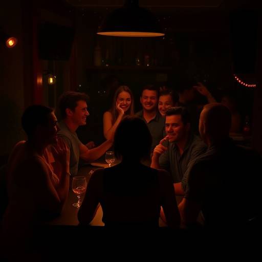Gruppo di persone che festeggiano insieme durante una festa privata, con luci soffuse