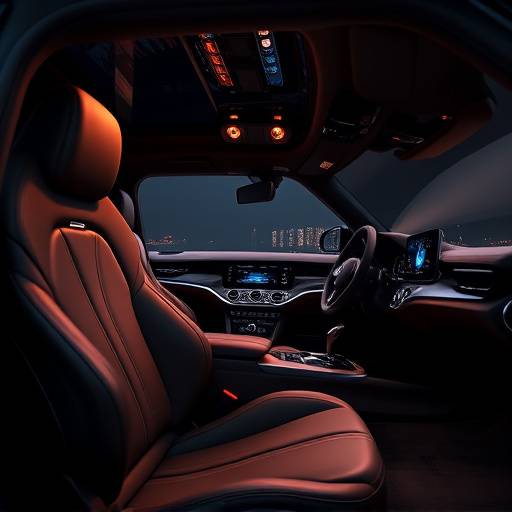 Interno di un'auto di lusso, con un focus sui dettagli dei sedili in pelle e sulla plancia futuristica, illuminati da luci ambientali.