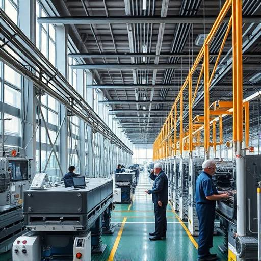 Interno di una moderna fabbrica con macchinari all'avanguardia e operai al lavoro