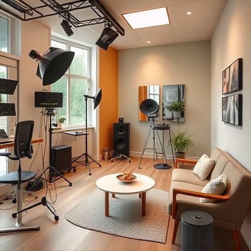 Interno moderno e accogliente dello studio fotografico, con attrezzatura professionale e un'area attesa confortevole.