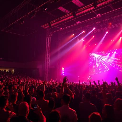 Momento dinamico durante un concerto, il palco illuminato da luci colorate e il pubblico in estasi che applaude.