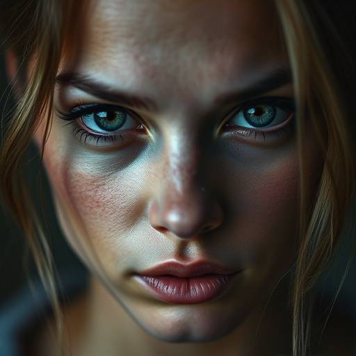 Ritratto di una giovane donna con uno sguardo intenso e una luce soffusa che ne illumina il viso, evidenziando la texture della pelle e la profondit&agrave; degli occhi.