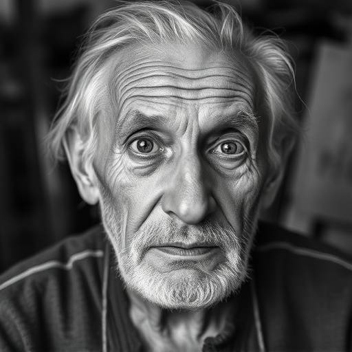Ritratto in bianco e nero di un anziano artista nel suo studio, con rughe profonde che raccontano una vita di passione e creativit&agrave;.