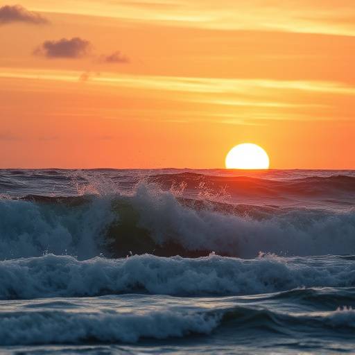 Scena marittima al tramonto, con onde che si infrangono sulla riva e colori caldi che dipingono il cielo e il mare.