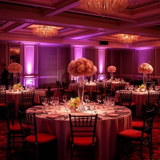 Tavoli imbanditi per un gala, eleganti centrotavola e luci soffuse creano un'atmosfera di festa sofisticata.