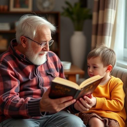 Un nonno che racconta una storia ai suoi nipoti, un momento di connessione intergenerazionale immortalato con calore e affetto.