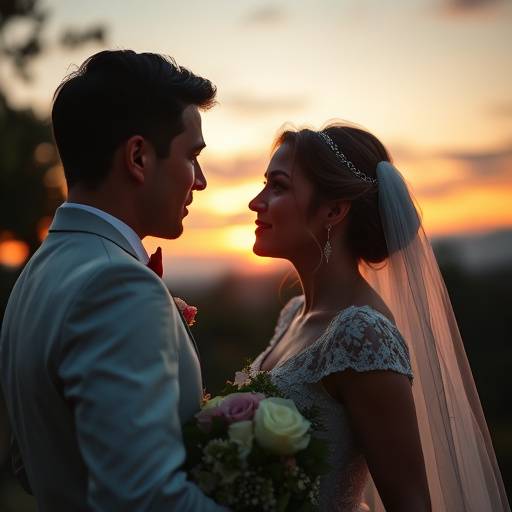 Una scena cinematografica in un matrimonio all'aperto, con la coppia che si guarda intensamente mentre il sole tramonta.