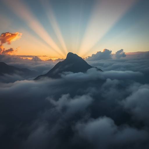 Vetta montuosa avvolta dalla nebbia all'alba, con raggi di sole che filtrano tra le nuvole creando un'atmosfera mistica e serena.
