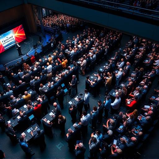 Vista panoramica di una conferenza affollata con relatori sul palco